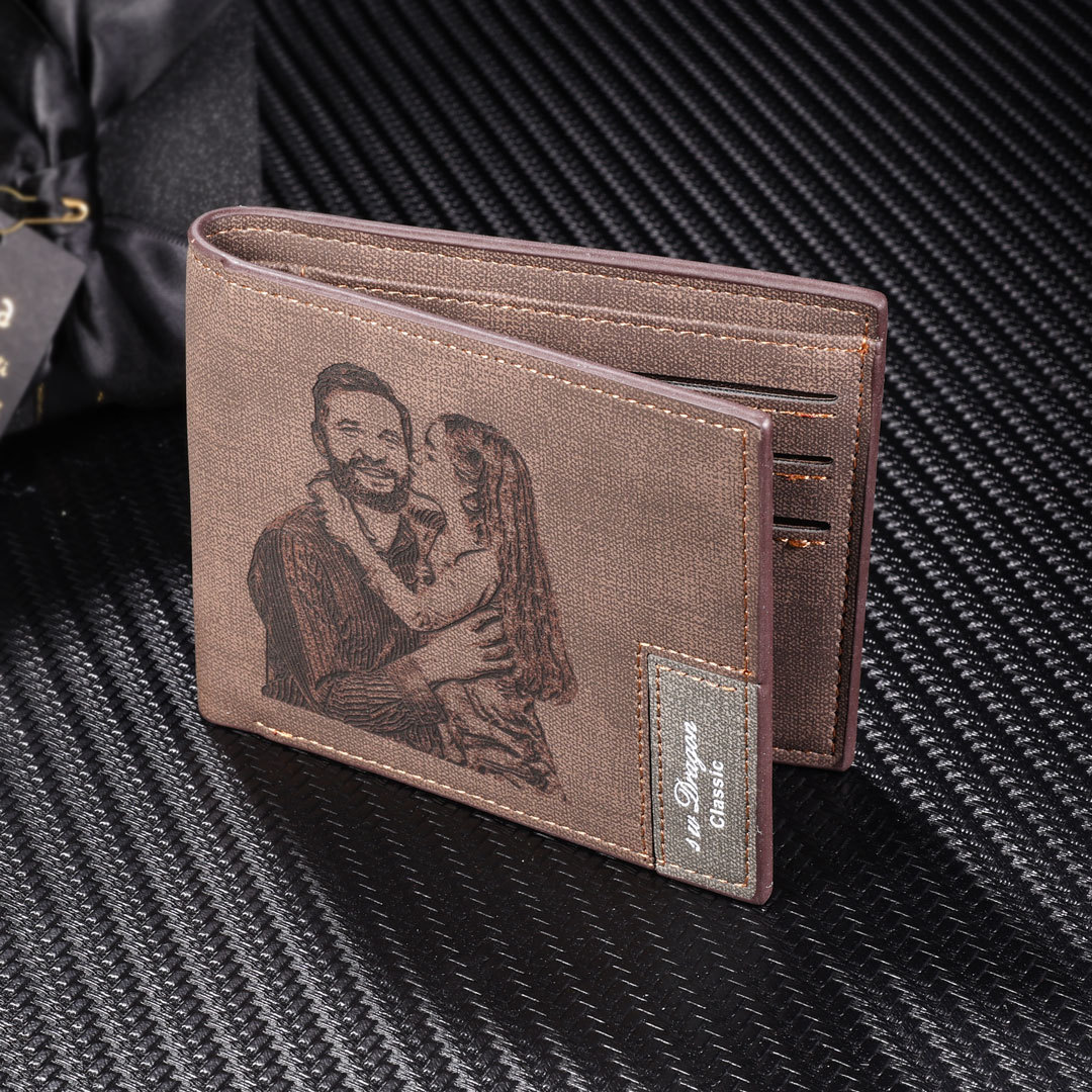 Deep Brown Personalised Leather Wallet Engraved Photo Short Purse Gifts For Men