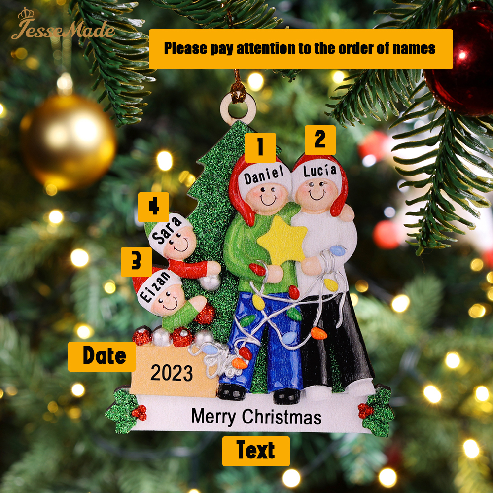 4 Names-Family Christmas Wooden Ornament Custom 4 Names Hanging Ornament Gifts For Family