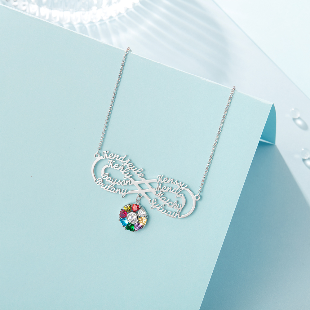Personalised Infinity Necklace With 8 Birthstones Engraved Names Necklace Gift For Women