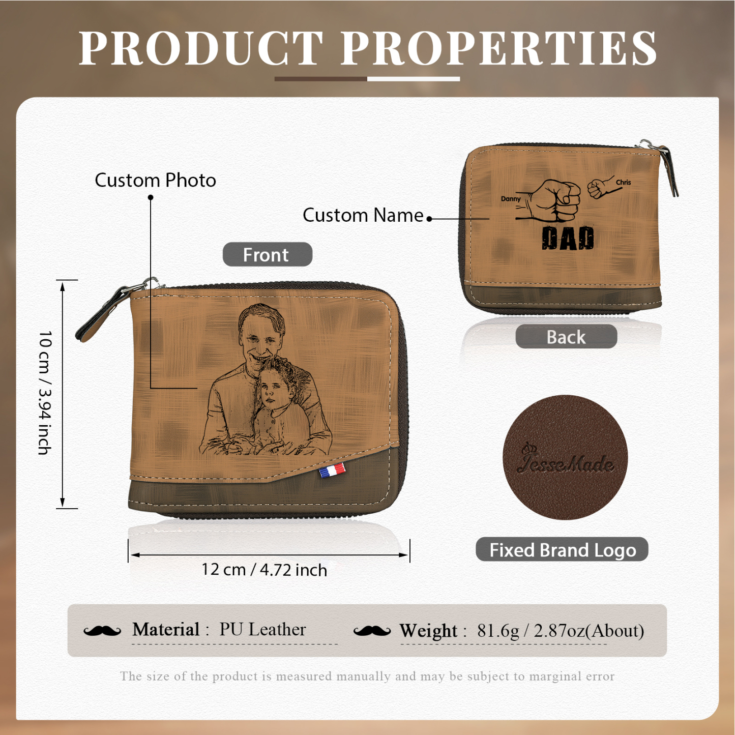 2 Names - Personalised Photo Custom Leather Men's Zipper Wallet as a Father's Day Gift for Dad
