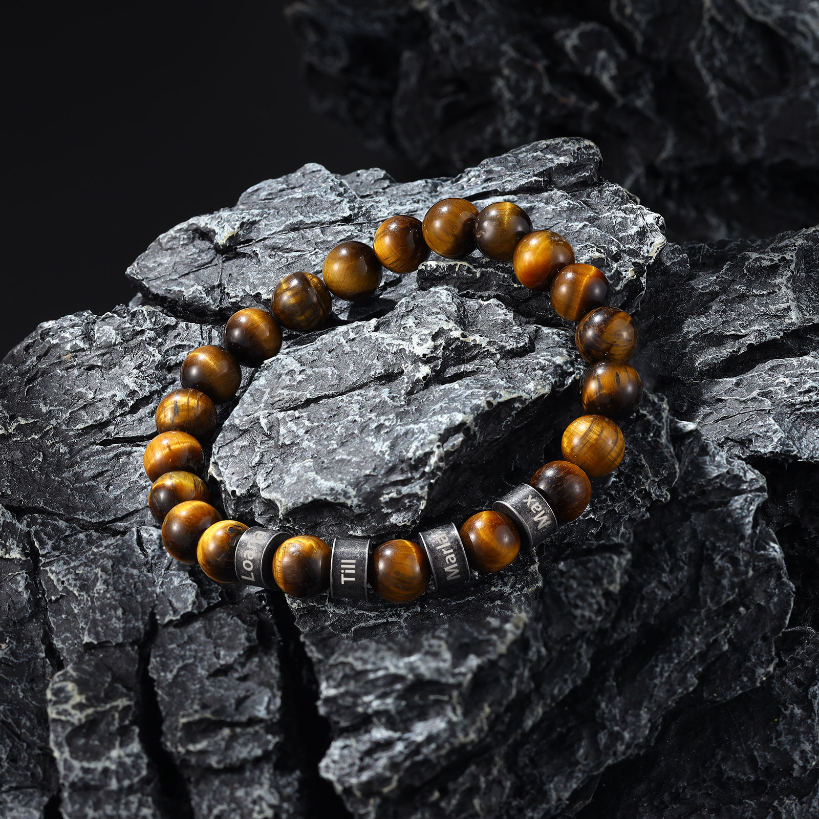 4 Names-Personalised Men Tiger's Eye A Goods Bracelet Engraved With Names, Custom Special Men Names Bracelet