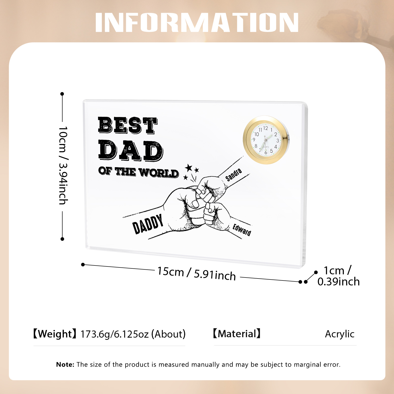 3 Names - Personalised Fist Bump Acrylic Rectangular Clock Ornament Father's Day Gift for Dad