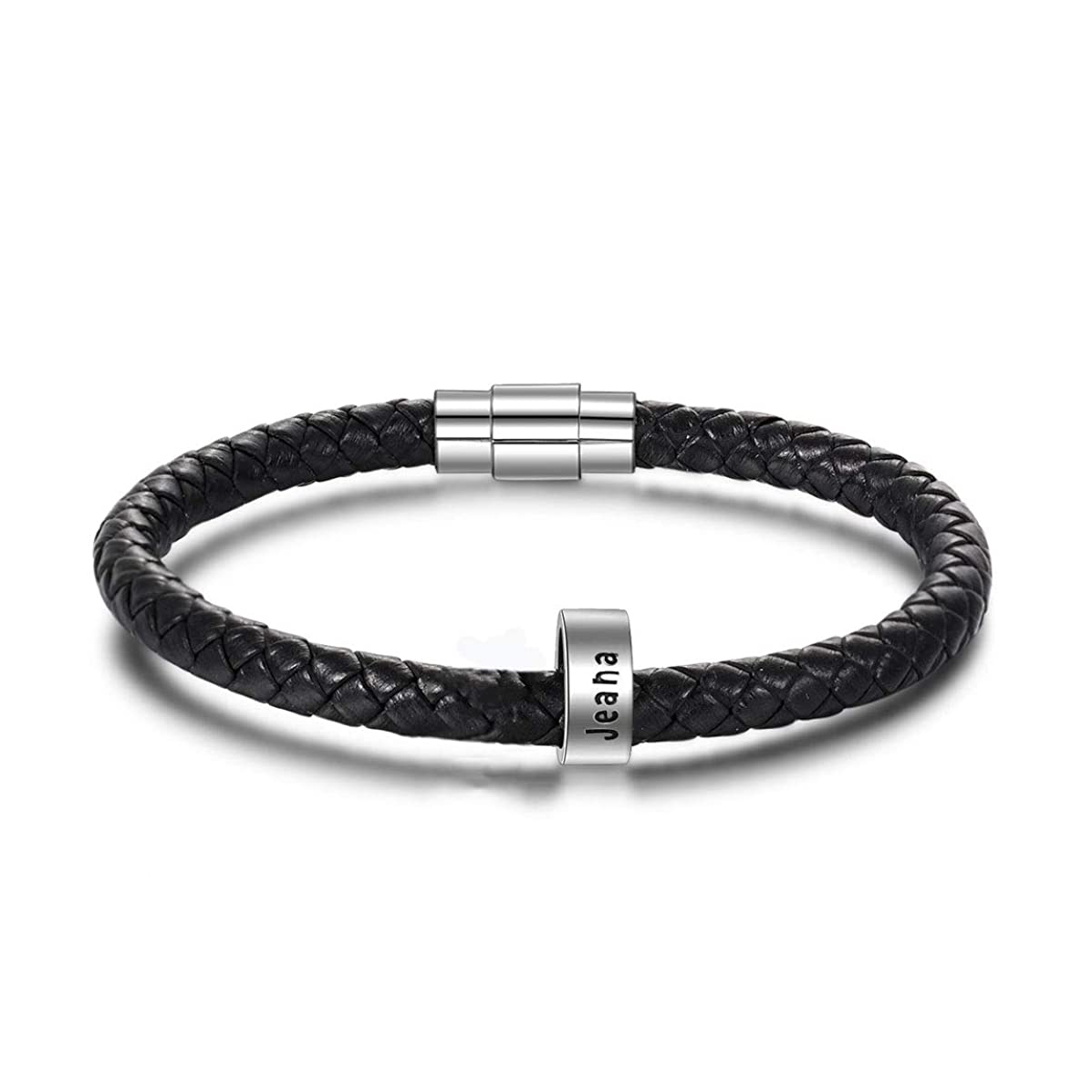 Men Leather Braided Rope Bracelet with 1 Custom Bead Sterling Silver Engravable Black Bracelet for Men