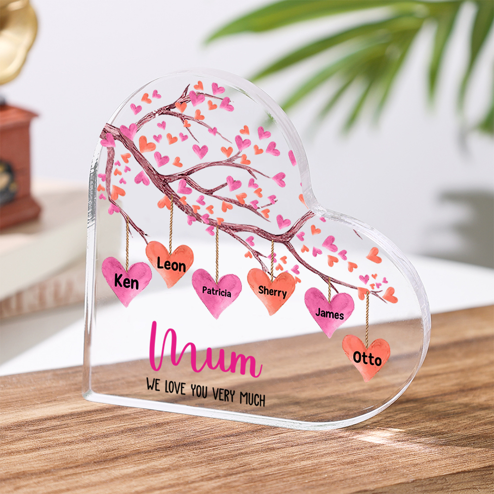 Customized 1-10 Names, Pink Love Tree Style Acrylic Heart Decoration Brand Plaque Decoration for Mum