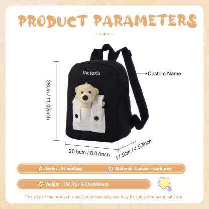Personalised Bear School Bag Custom Name Canvas Backpack Back To School Gift for Kids
