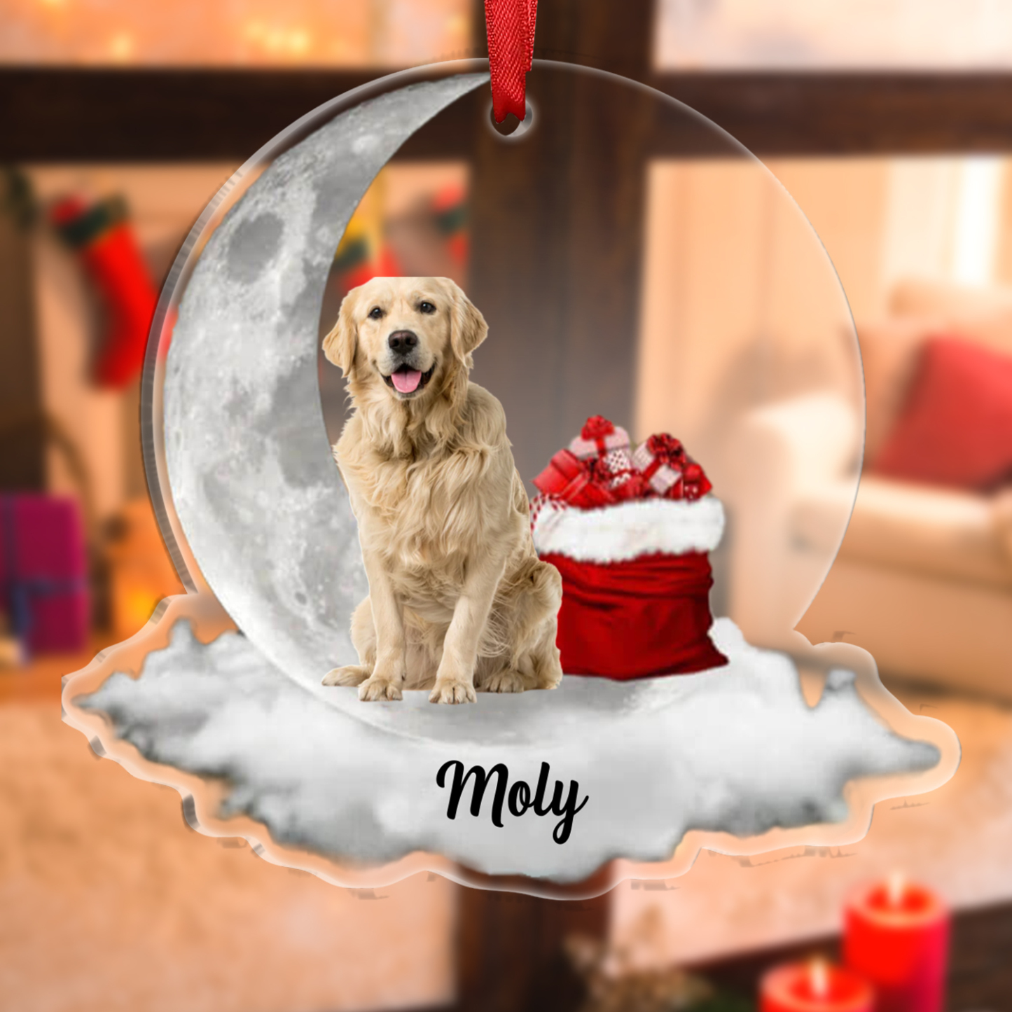 Personalised Pet Photo Christmas Ornament Customized Photo & Name Acrylic Moon Hanging Ornament