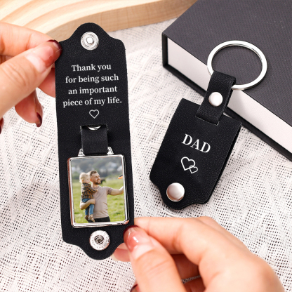 Personalised 2 Texts & 1 Photo Men's Leather Keyring Three Colors Available for Dad