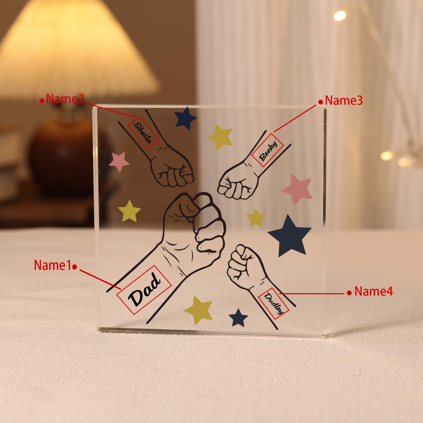 4 Names - Personalised Fist Bump Family Acrylic Keepsake Customized Name Acrylic Home Decor Gift for Dad