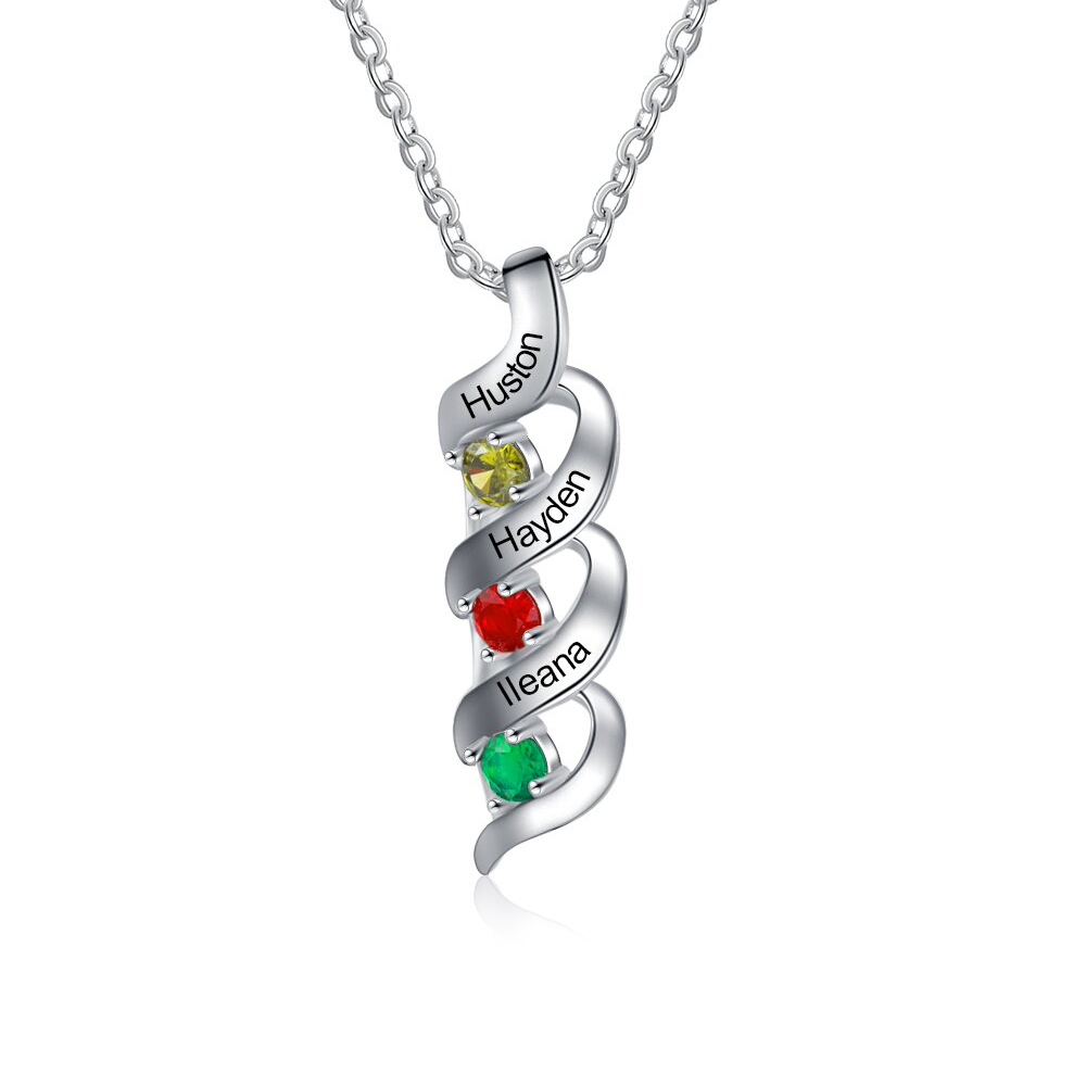 Customized Mother Necklace Cascading Pendant with 3 Birthstones Engraving 3 Names Gifts for Her