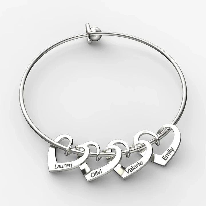 5 Names-Personalised Love Bracelet with 5 Heart Charms Engraved Name Bangle Bracelet