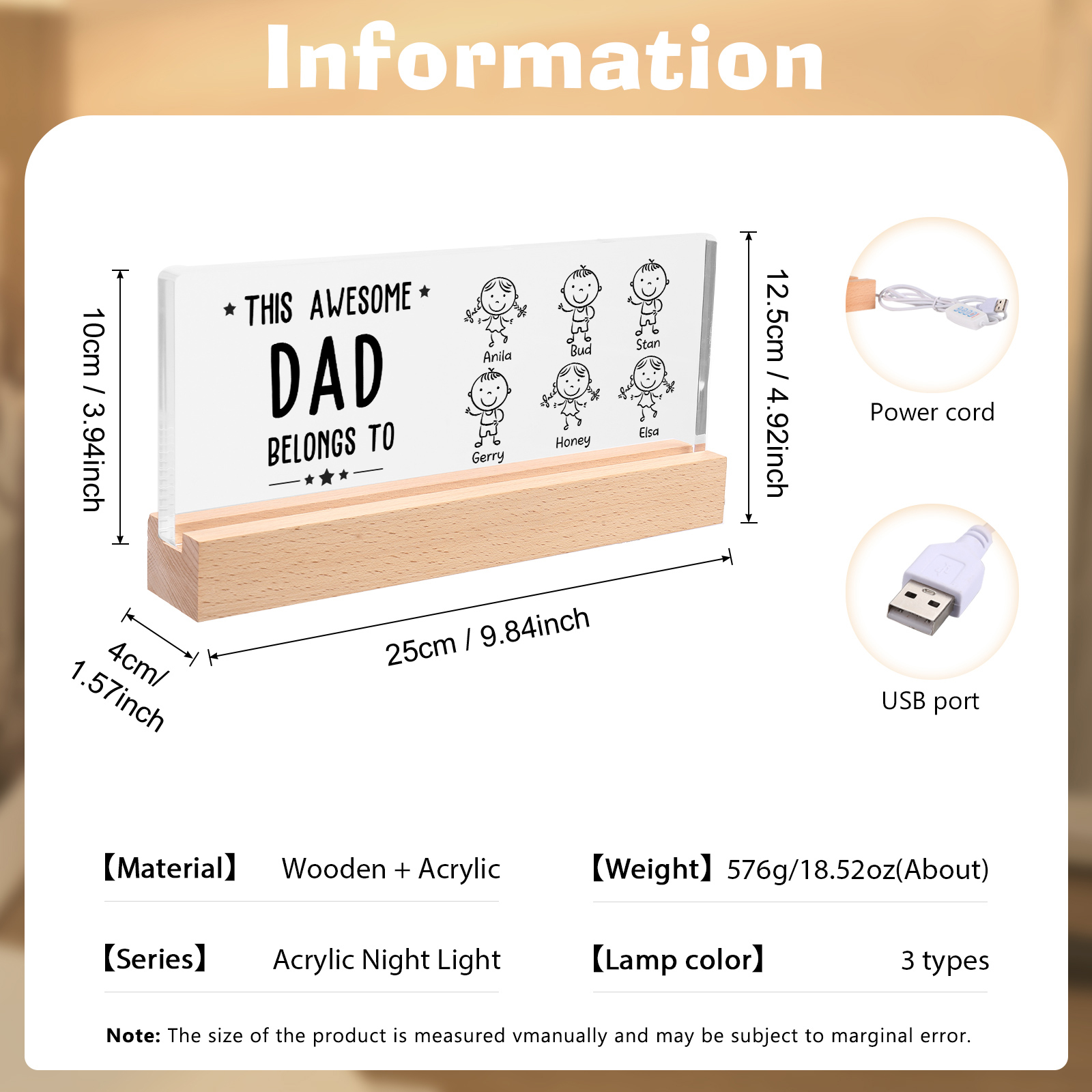 6 Names & Doll Gender - Personalised Lamp -This Awesome Dad  Belongs To - Father's Day Gift for Dad