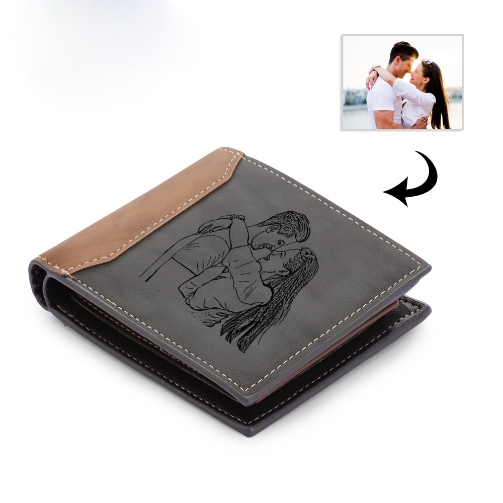 Personalised 2 Photos & 2 Text Set Custom Grey Wallet & Keychain & Pen Gift Box Set Father’s Day Gift