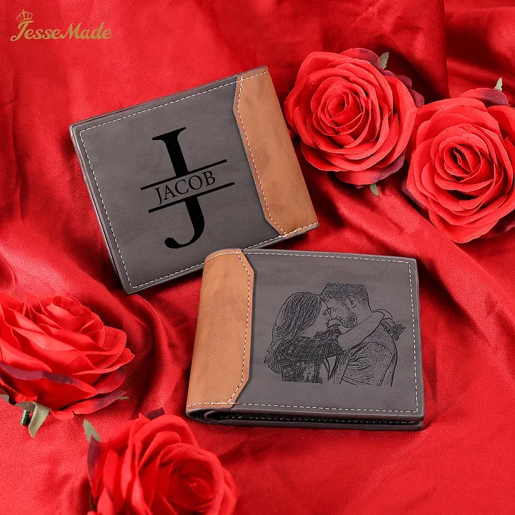 Personalised Name Leather Couple Wallet Engraved Letter And Photo Gift For Him