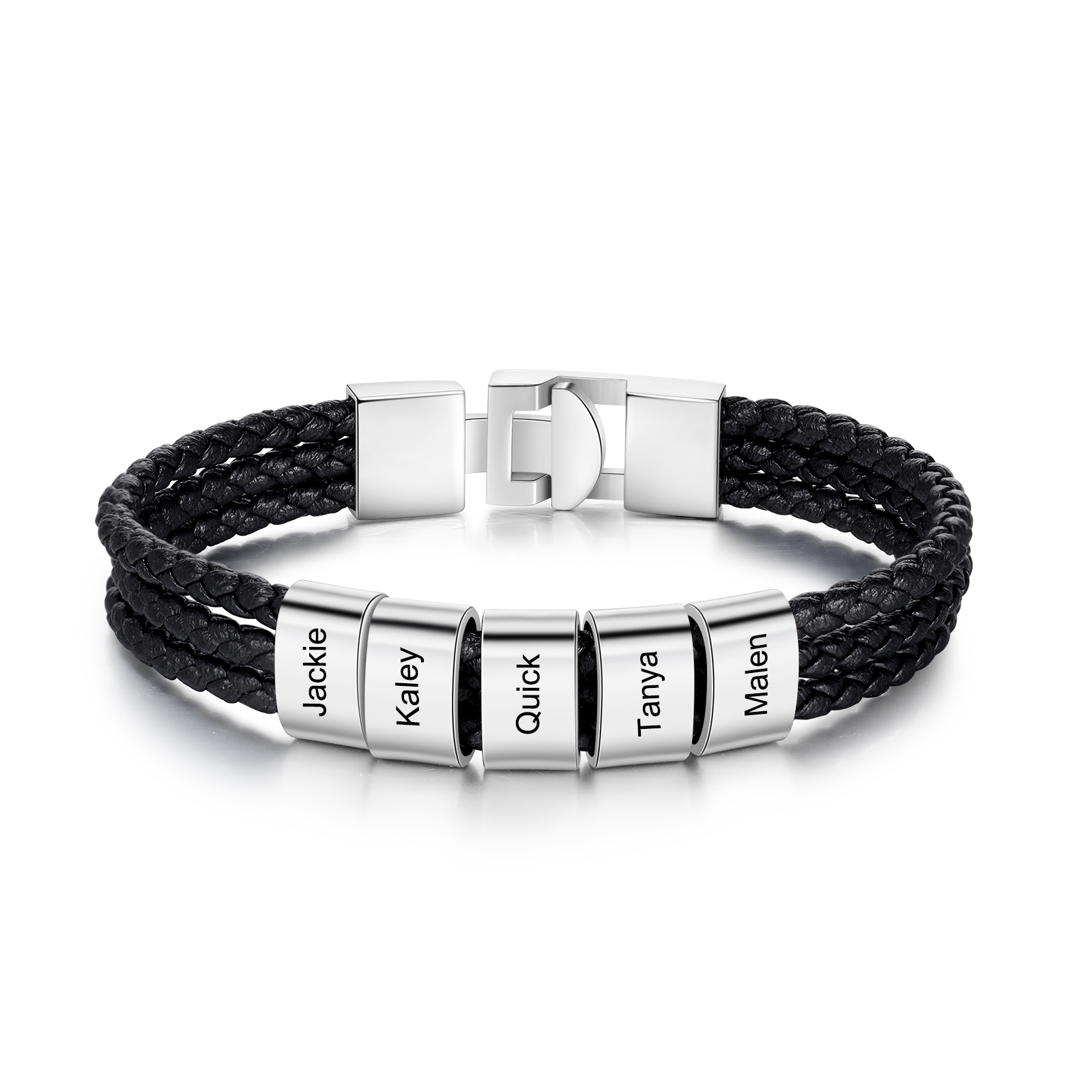 Personalised Braided Leather Bracelet Engraved 5 Names Men's Bracelet Gifts For Him