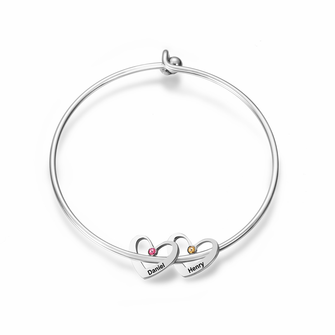 Personalised Heart Bangle With 2 Names and Birthstones Bangle Bracelet Mother's Day Gifts For women