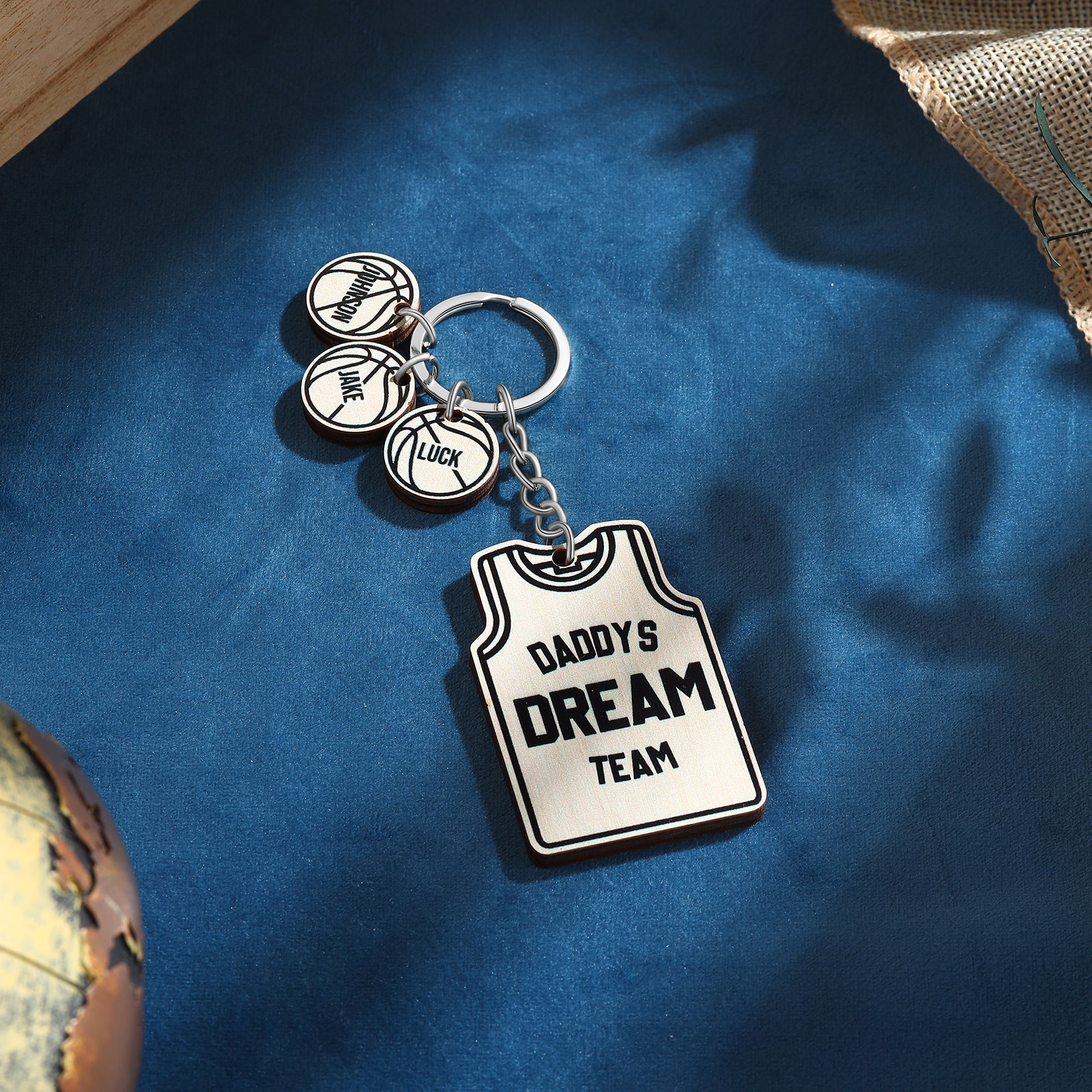Personalised Text and 3 Names Wooden Basketball Keyring For Dad