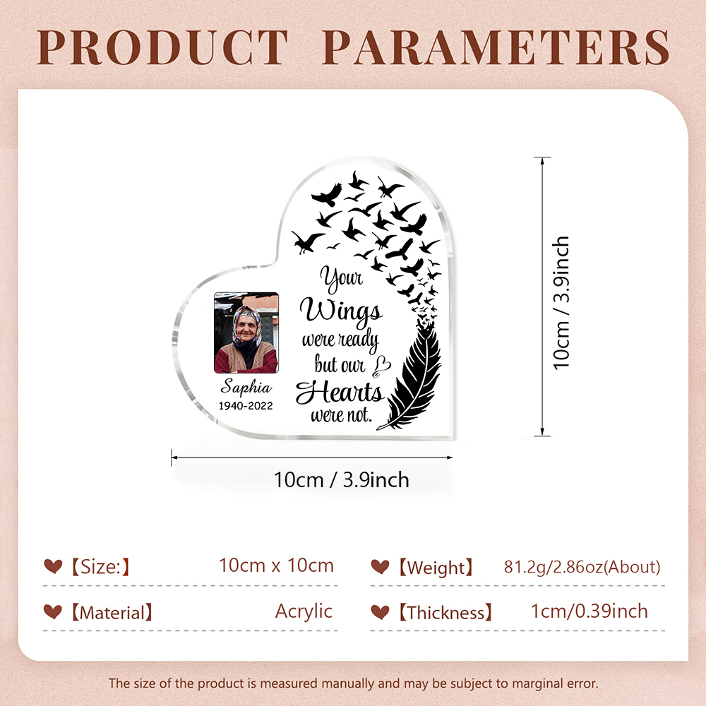 Personalised Memorial Acrylic Heart Keepsake Desktop Photo Ornament-Your Wings Were Ready But My Heart Wasn't-Special Memorial Gift