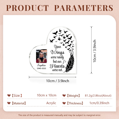 Personalised Memorial Acrylic Heart Keepsake Desktop Photo Ornament-Your Wings Were Ready But My Heart Wasn't-Special Memorial Gift