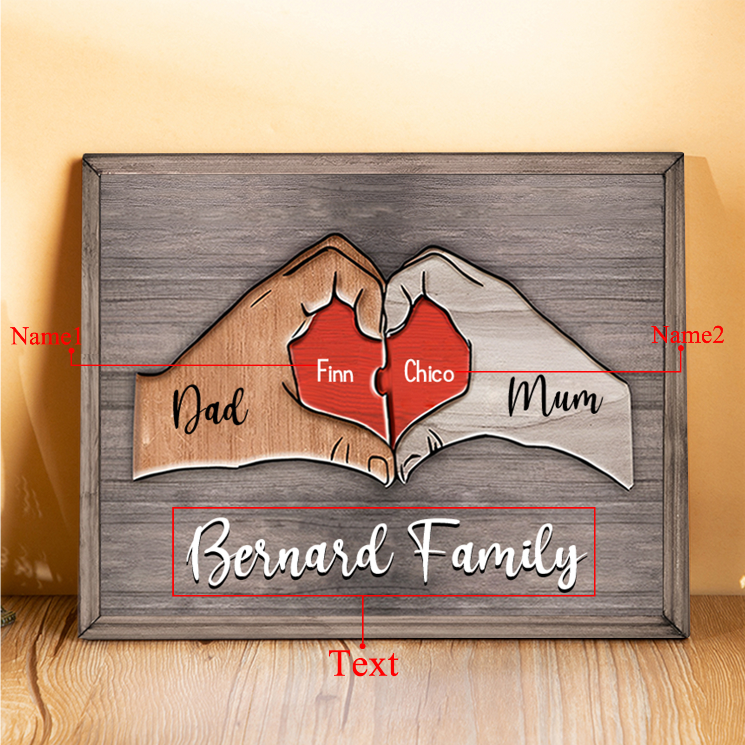2 Names - Personalised Love Heart Customized Name and Text Wooden Ornament Father's Day Gift for Dad