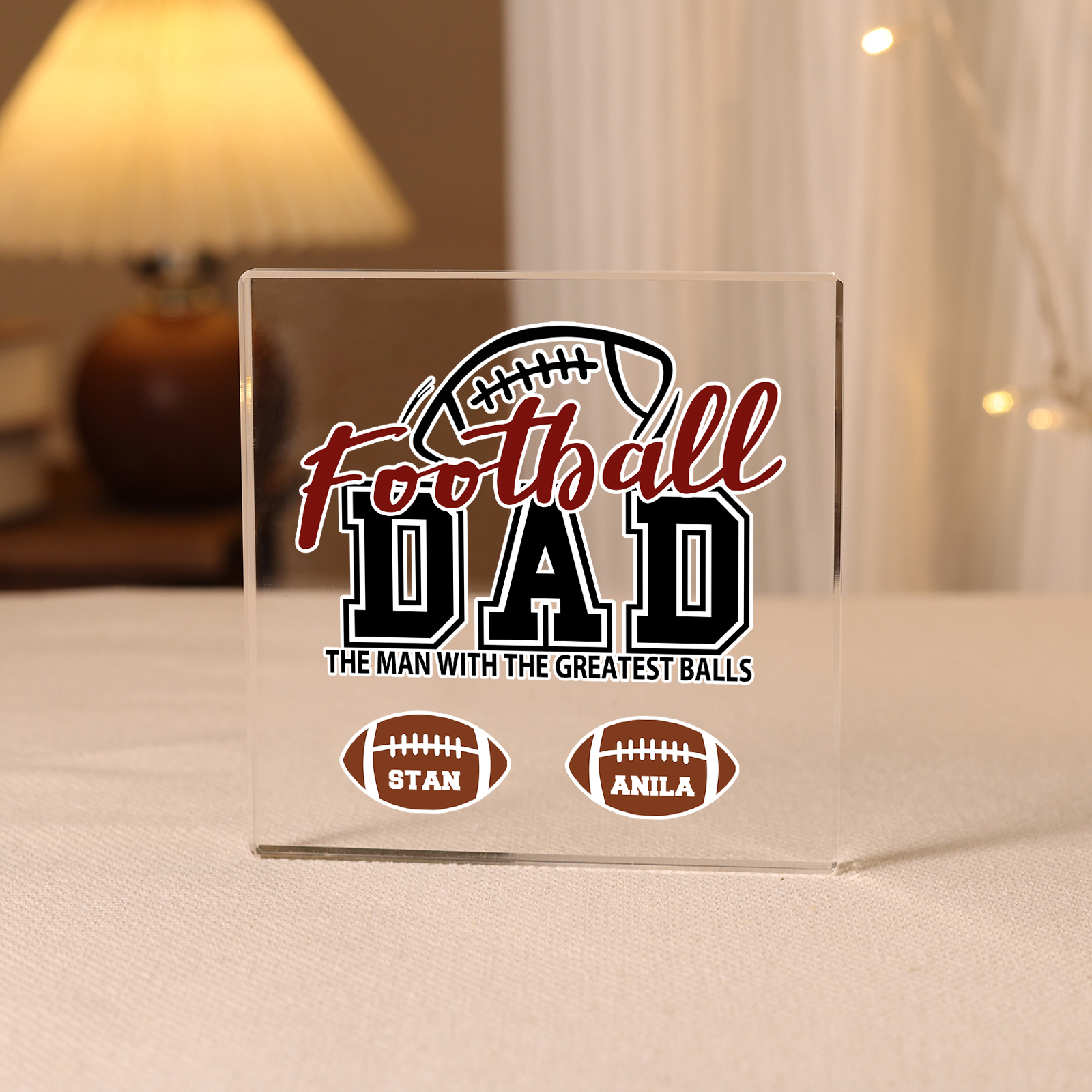 2 Names - Personalised Football Acrylic Keepsake Customized Name Acrylic Plaque Decoration Father's Day Gift for Dad