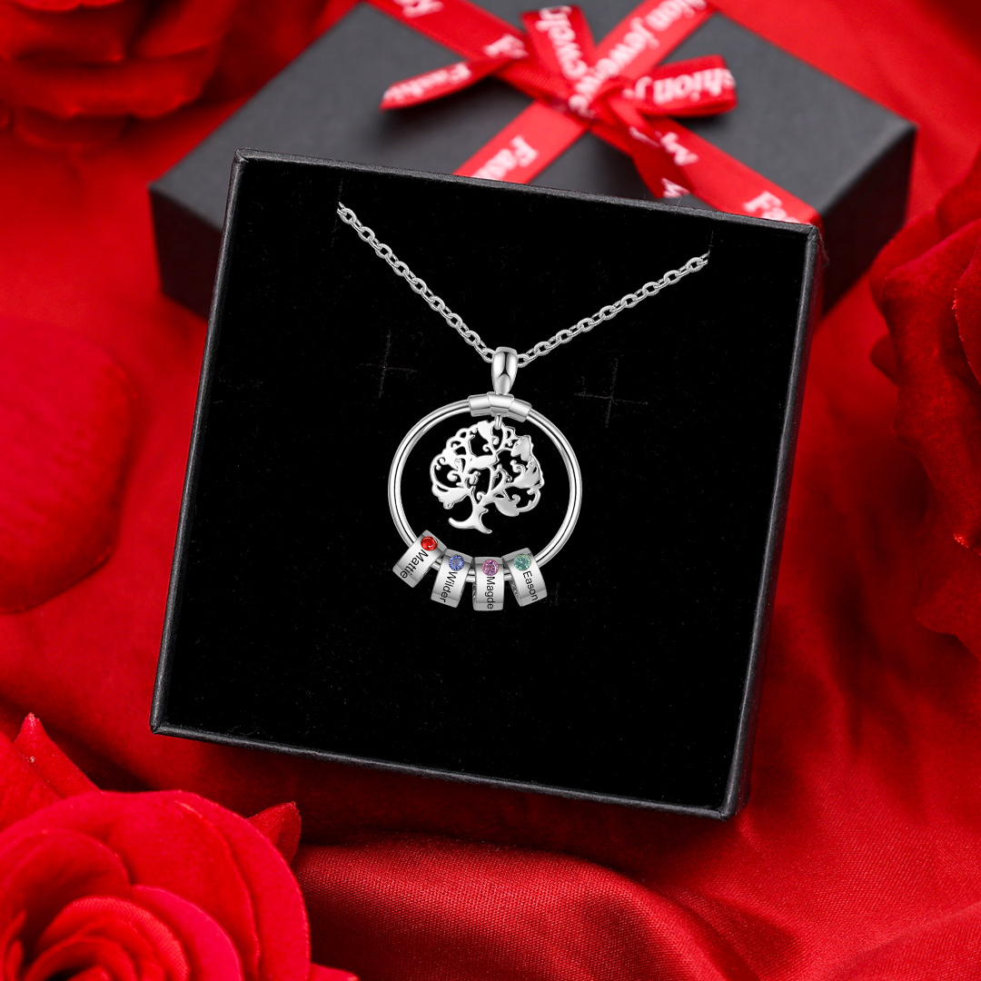 4 Names-Personalised Family Tree Necklace With 4 Birthstones Engraved Names Gift For Her