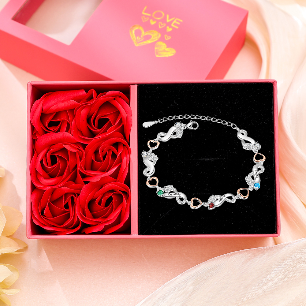 Personalised Baby Feet Bracelet Custom 3 Birthstones Set With Rose Gift Box Heart Bracelet Gifts For Women