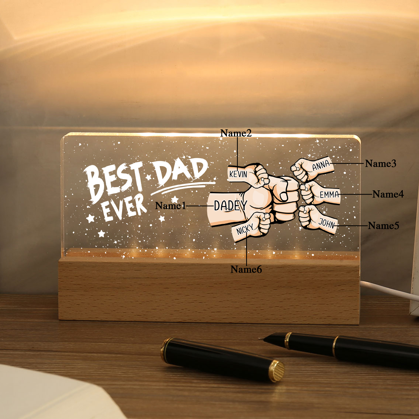 6 Names - Personalised Fist Bump Lamp - Best Dad Ever - Father's Day Gift for Dad