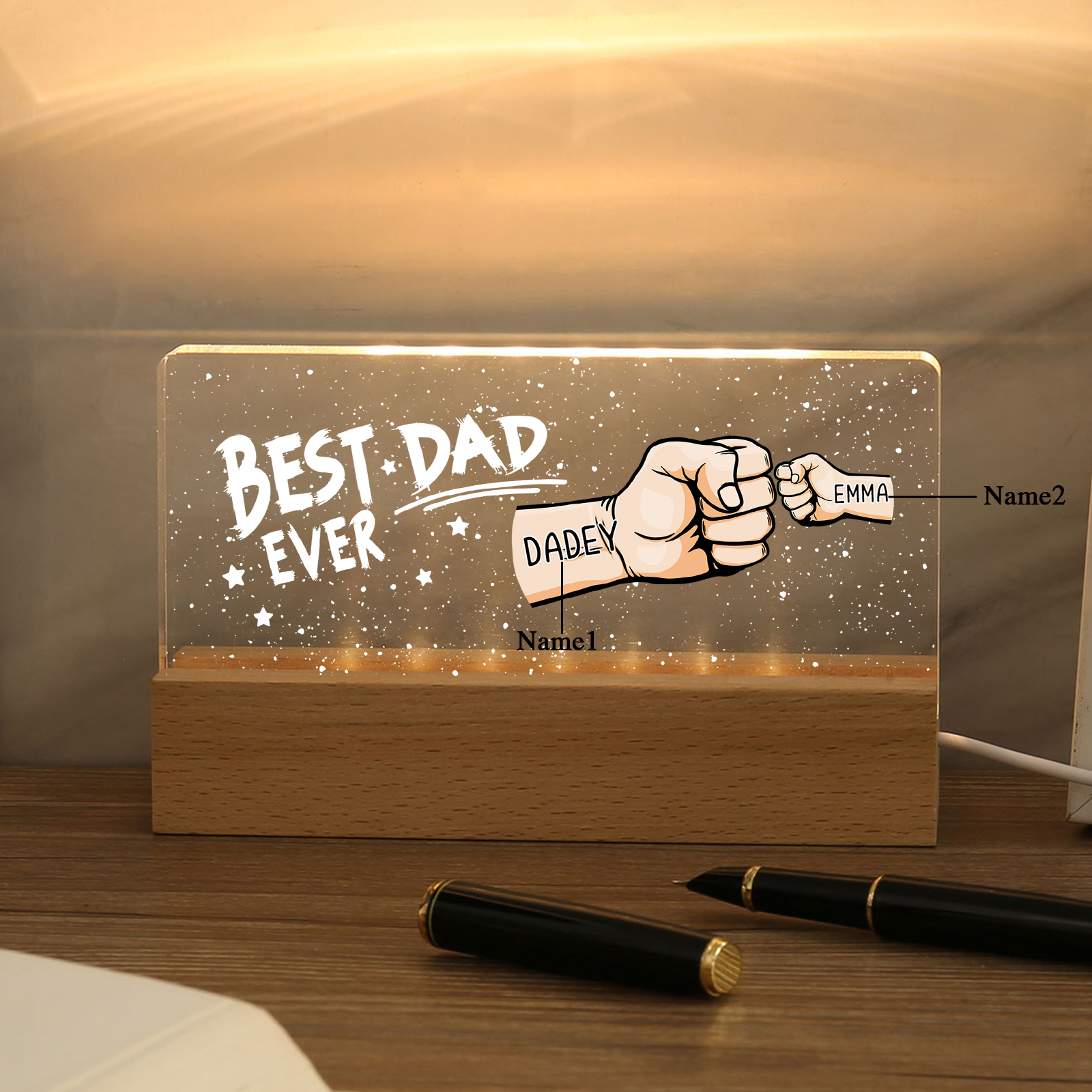2 Names - Personalised Fist Bump Lamp - Best Dad Ever - Father's Day Gift for Dad