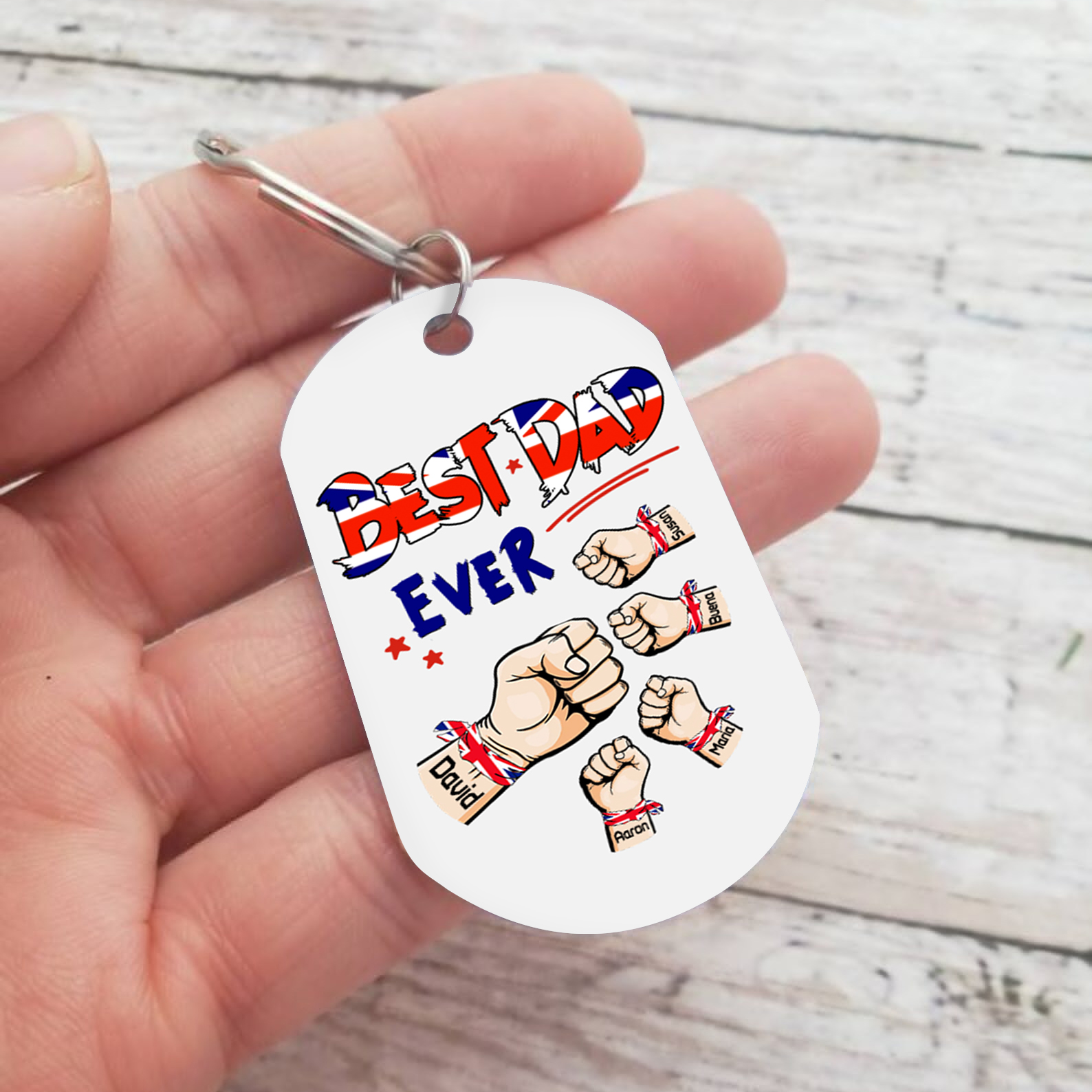 5 Names - Personalised Fist Bump Pattern Keyring Custom Name Gift for Dad