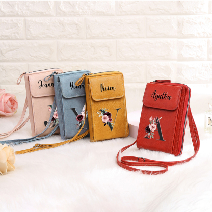 Custom Purse-Personalised Women's Leather Wallet Custom Letter & Name Mobile Phone Wallet Zipper Crossbody Bag