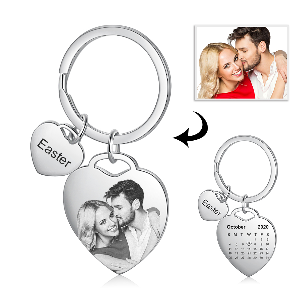 2 Names-Personalized Keychain Custom Photo Heart-Shape With Calendar - Anniversary Gifts For Him/Her