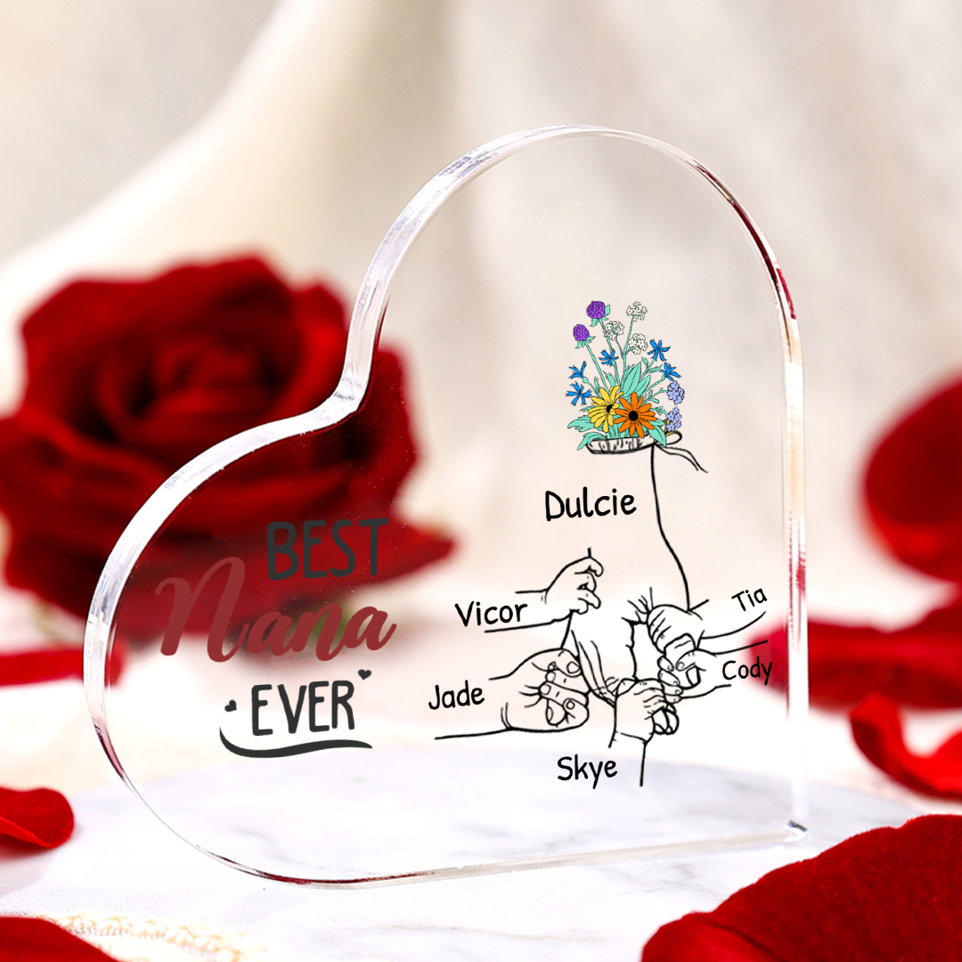 Personalised Acrylic Heart Keepsake Custom 2–7 Names Ornaments Flower Gifts for Grandma - Best Nana Ever