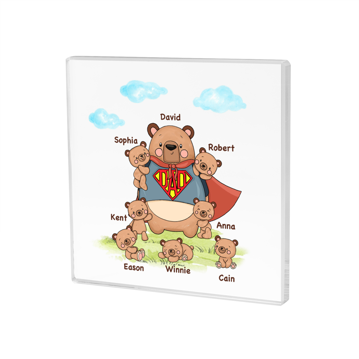 8 Names-Personalised Super Bear Family Acrylic Keepsake-Custom Text and Names-Acrylic Plaque Home Decoration Gift for Dad/Grandad