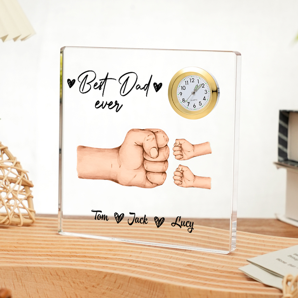 3 Names - Personalised Fist Bump Style Acrylic Clock Ornament Customized Name and Text Acrylic Father's Day Gift for Dad