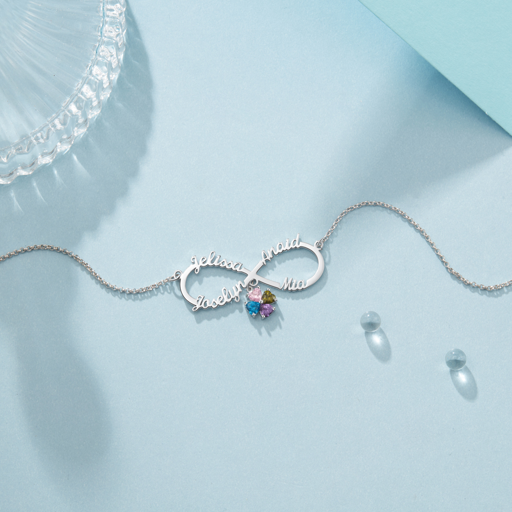 Personalised Infinity Necklace With 4 Birthstones Engraved Names Necklace Gift For Women