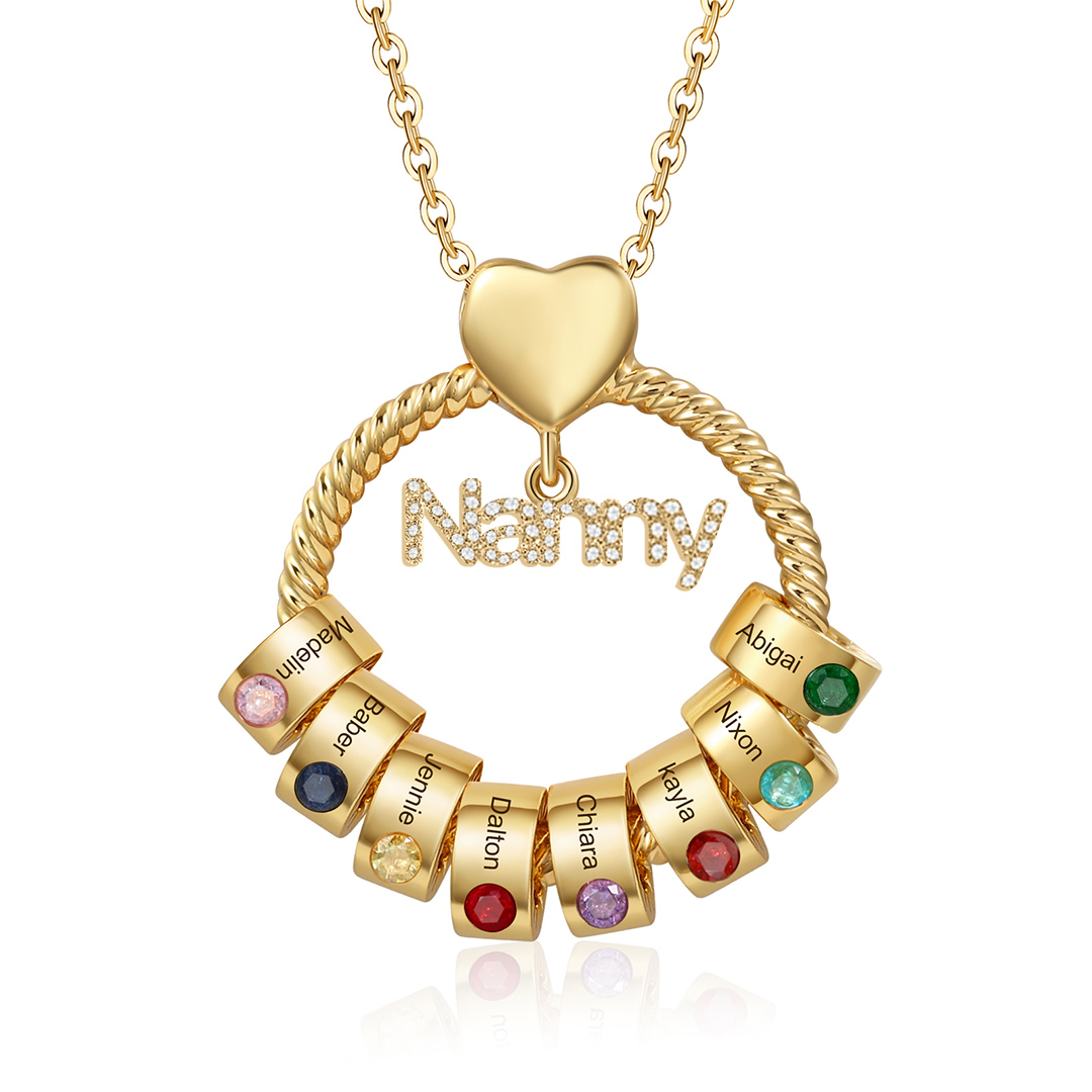 8 Names-Personalised Nanny Circle Necklace With 8 Birthstones Pendant Engraved Names Gift For Nanny