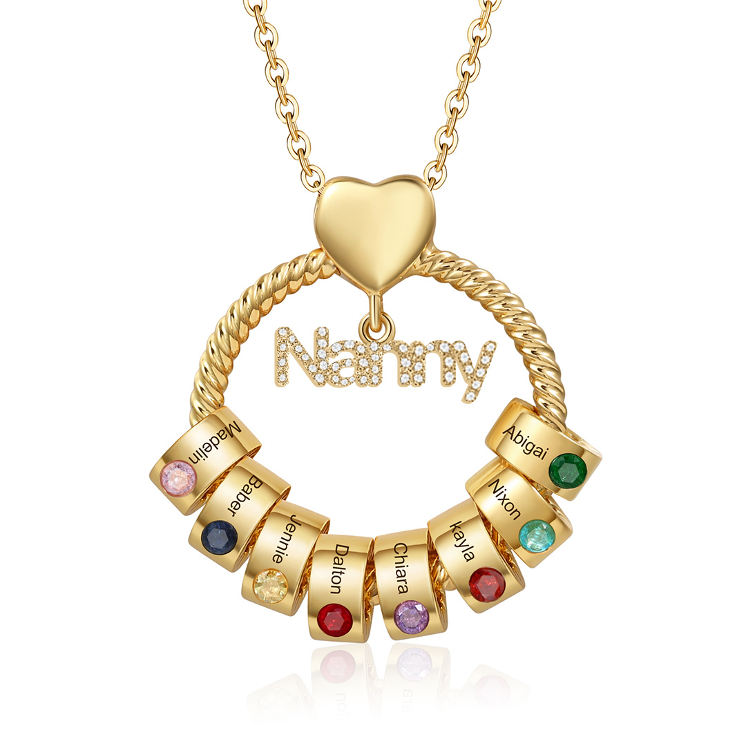 8 Names-Personalised Nanny Circle Necklace With 8 Birthstones Pendant Engraved Names Gift For Nanny