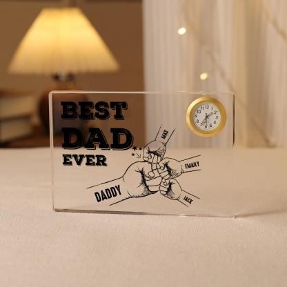 4 Names - Personalised Fist Bump Pattern Custom Name Acrylic Rectangular Clock Ornament Father's Day Gift