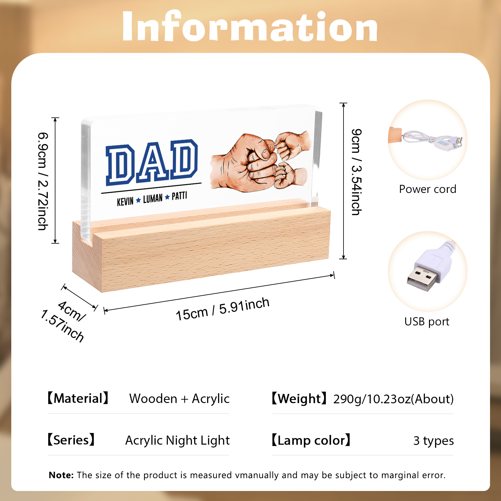 3 Names - Personalised Fist Bump Table Lamp - Dad's Dream Team - Father's Day Gift for Dad
