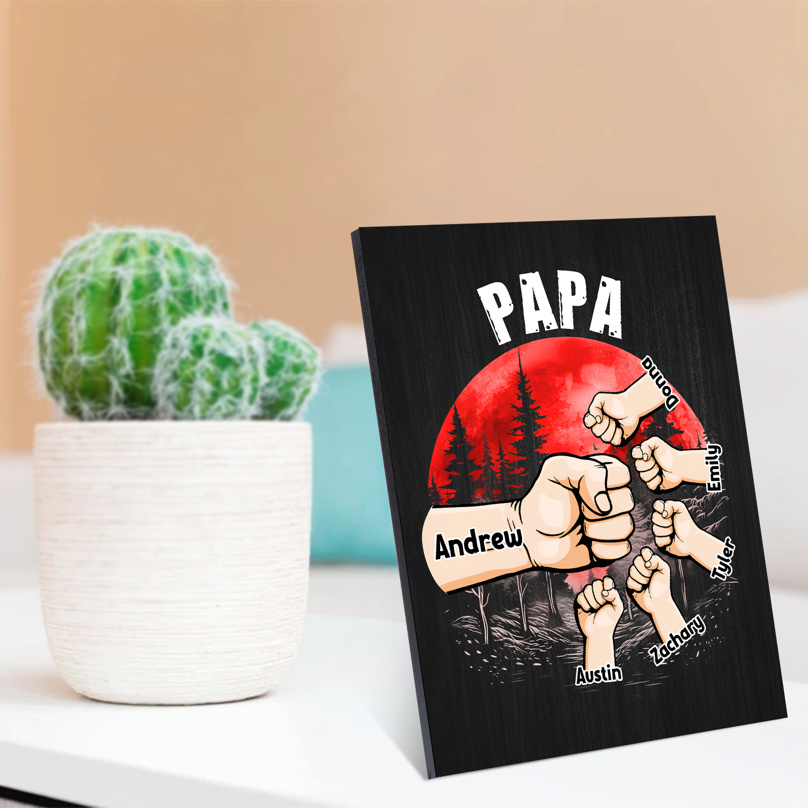 6 Names - Personalised Wooden Ornament Fist Bump Red Forest Style Engraved Name and Text Ornament for Dad