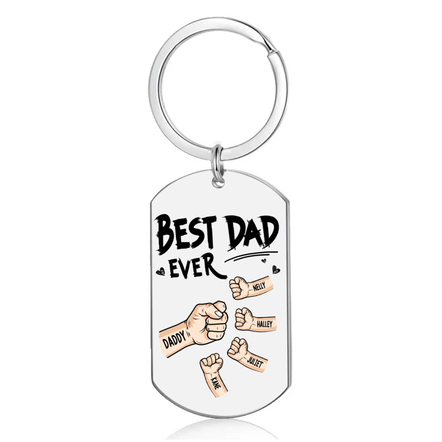 Personalised Best Dad Ever Keyring with 2–6 Names-Stainless Steel Fist-Bump Dog Tag Keychain Gift for Dad