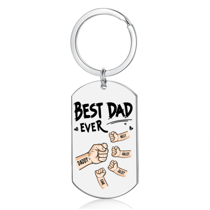 Personalised Best Dad Ever Keyring with 2–6 Names-Stainless Steel Fist-Bump Dog Tag Keychain Gift for Dad