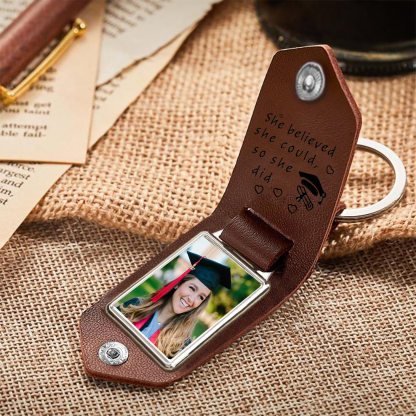 2024 Graduation Gifts - Personalised Name Flip Leather Keyring Customized Photo Keyring Gift for Her/Him