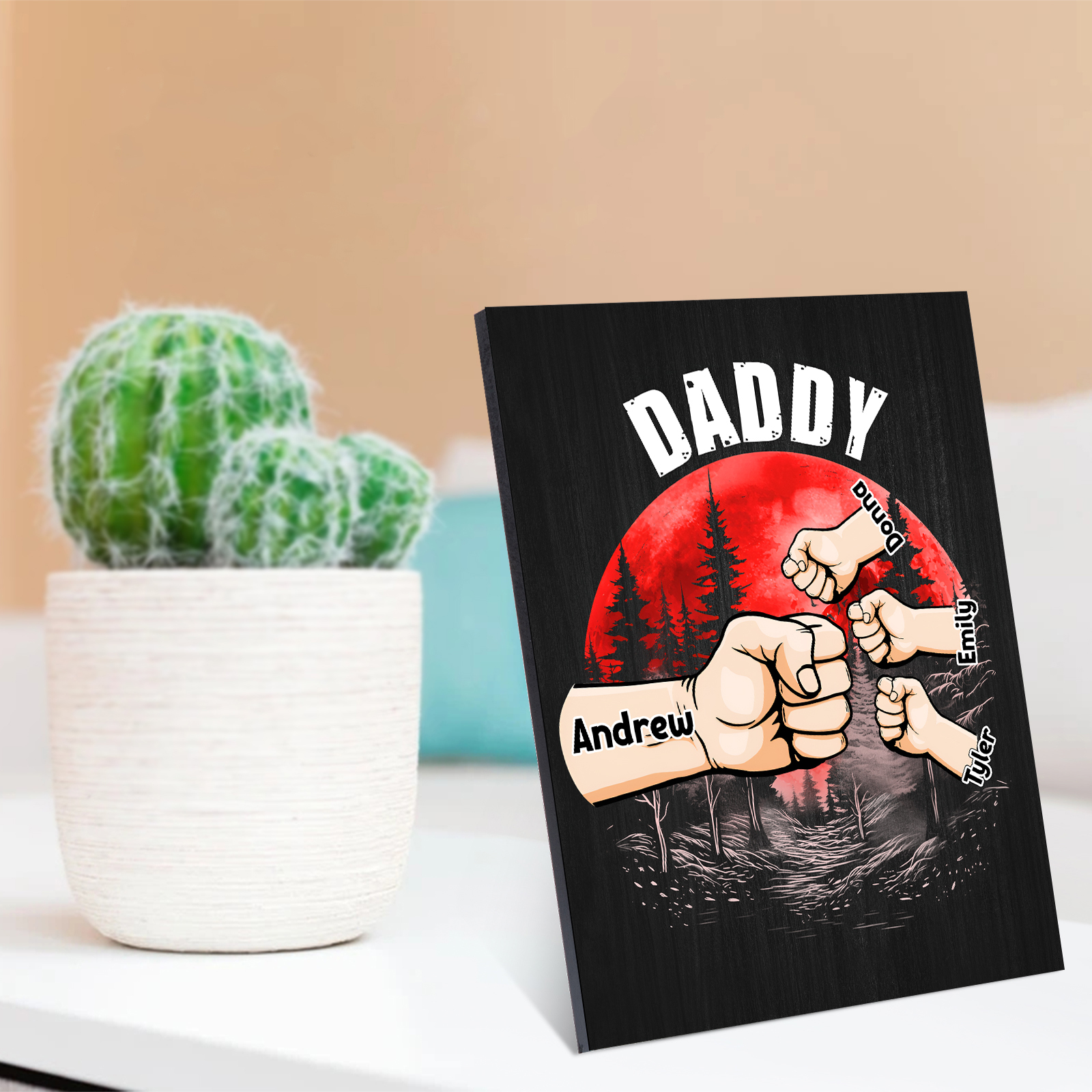 4 Names - Personalised Wooden Ornament Fist Bump Red Forest Style Engraved Name and Text Ornament for Dad