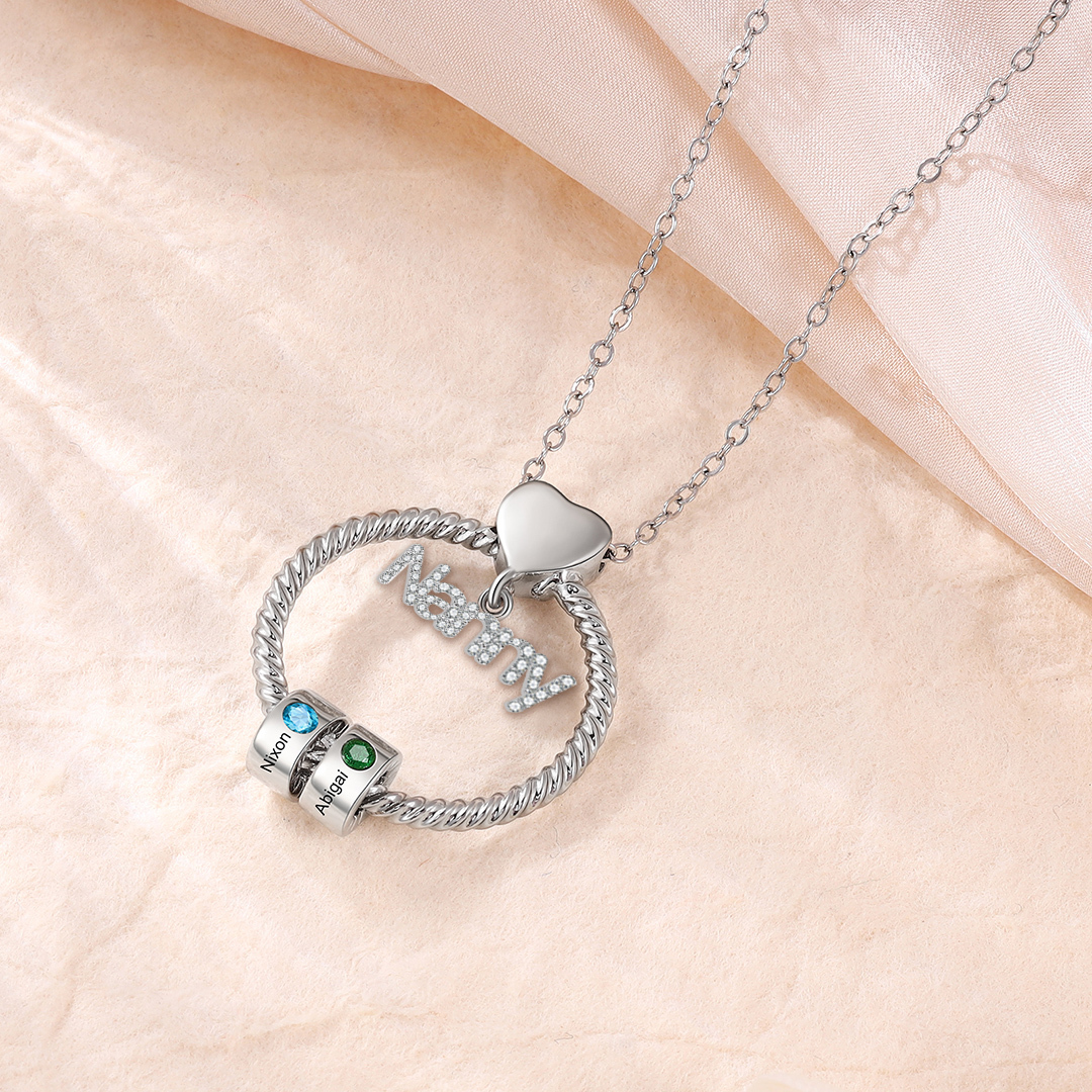 2 Names-Personalised Nanny Circle Necklace With 2 Birthstones Pendant Engraved Names Gift For Nanny