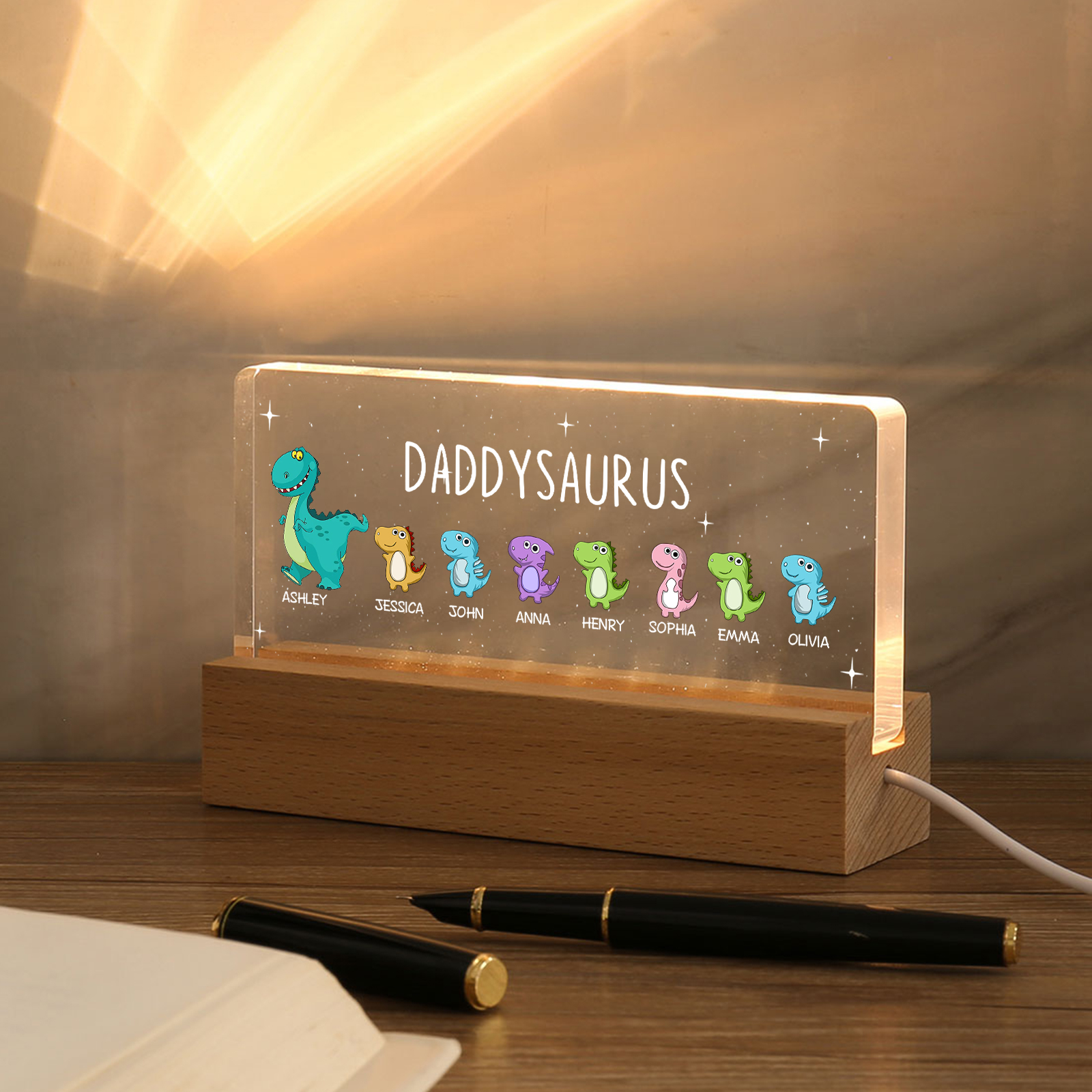 8 Names - Personalised Cute Dinosaur Pattern Beautiful Table Lamp Father's Day Gift for Dad