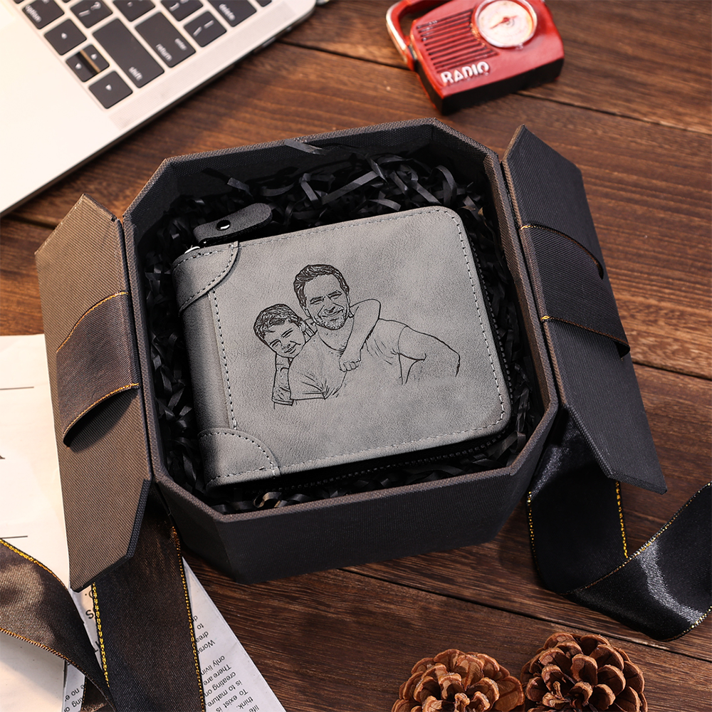 Photo Personalised Leather Zipper Men's Wallet Custom Text Fold Wallet With Gift Box for Dad