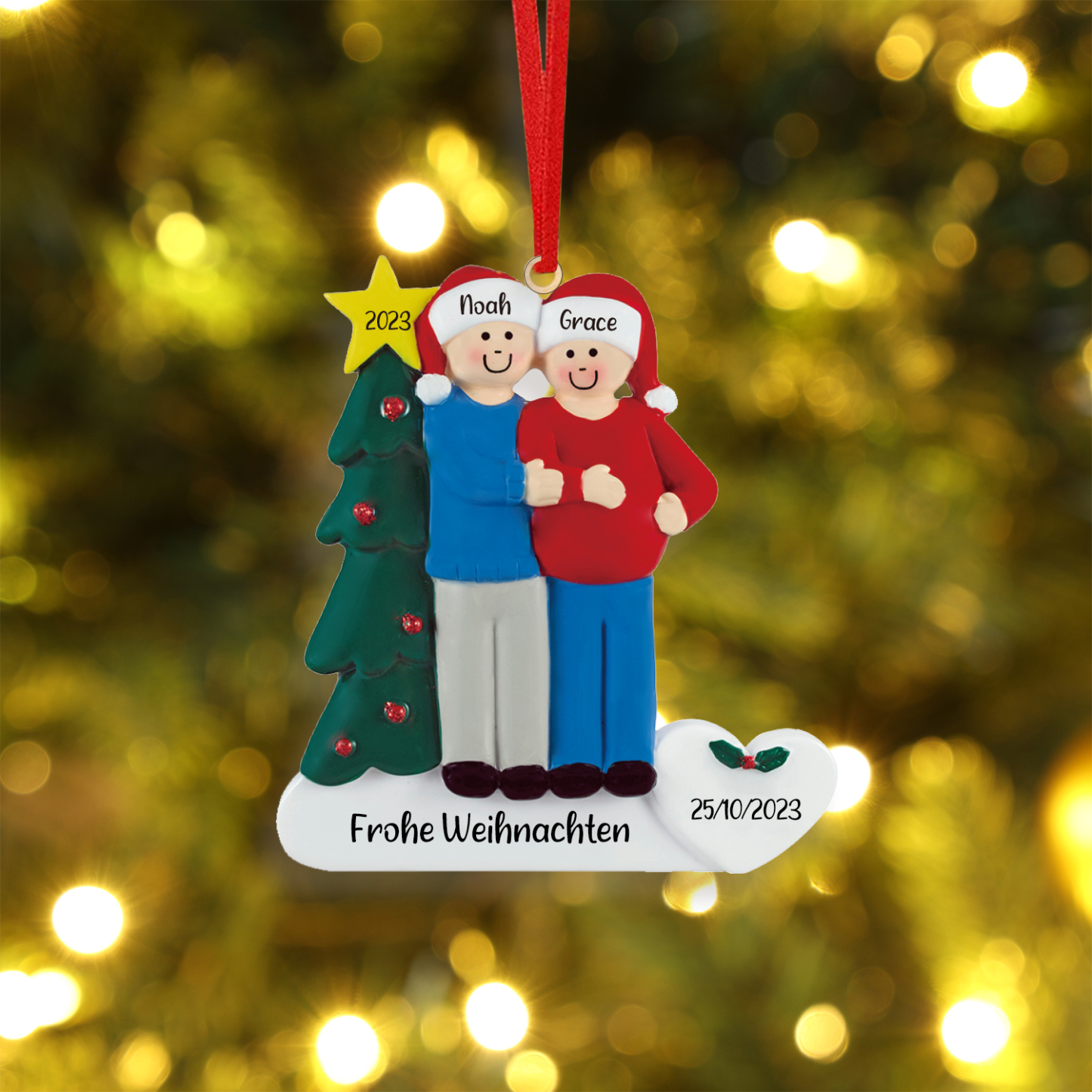 2 Names-Personalised Family Wooden Christmas Xmas Tree Decoration Ornament-Custom 2 Names And Dates Hanging Ornament Gifts For Family