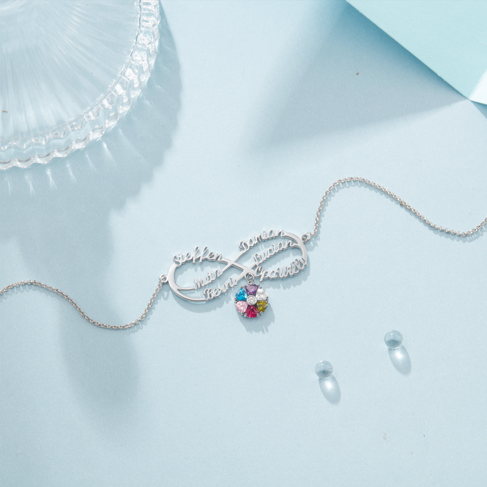 Personalised Infinity Necklace With 6 Birthstones Engraved Names Necklace Gift For Women