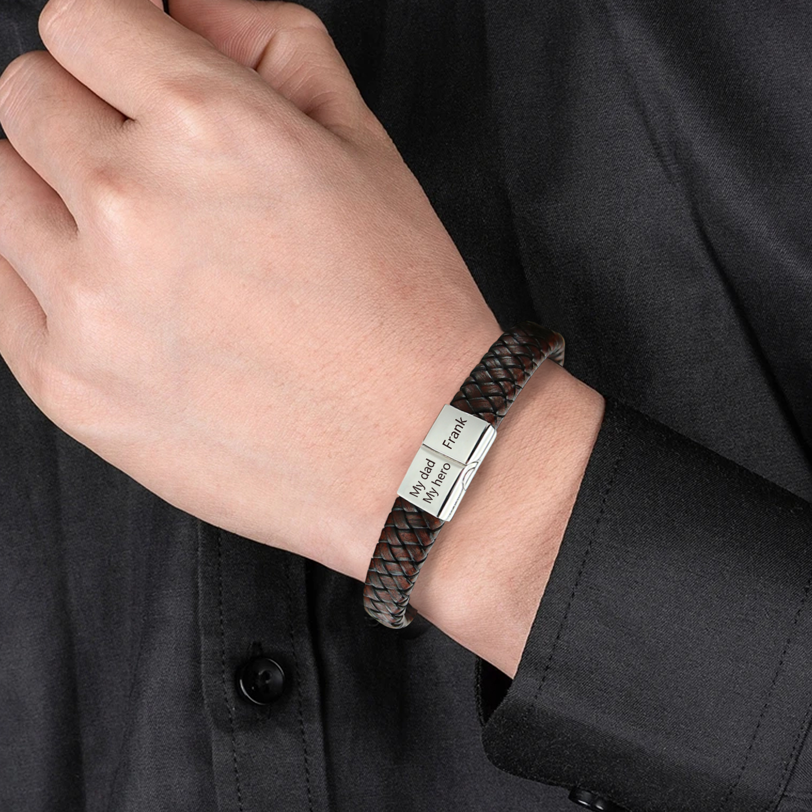 Personalised 2 Names and 2 Texts Leather Bracelet Men's Bracelet Father's Day Gift for Dad